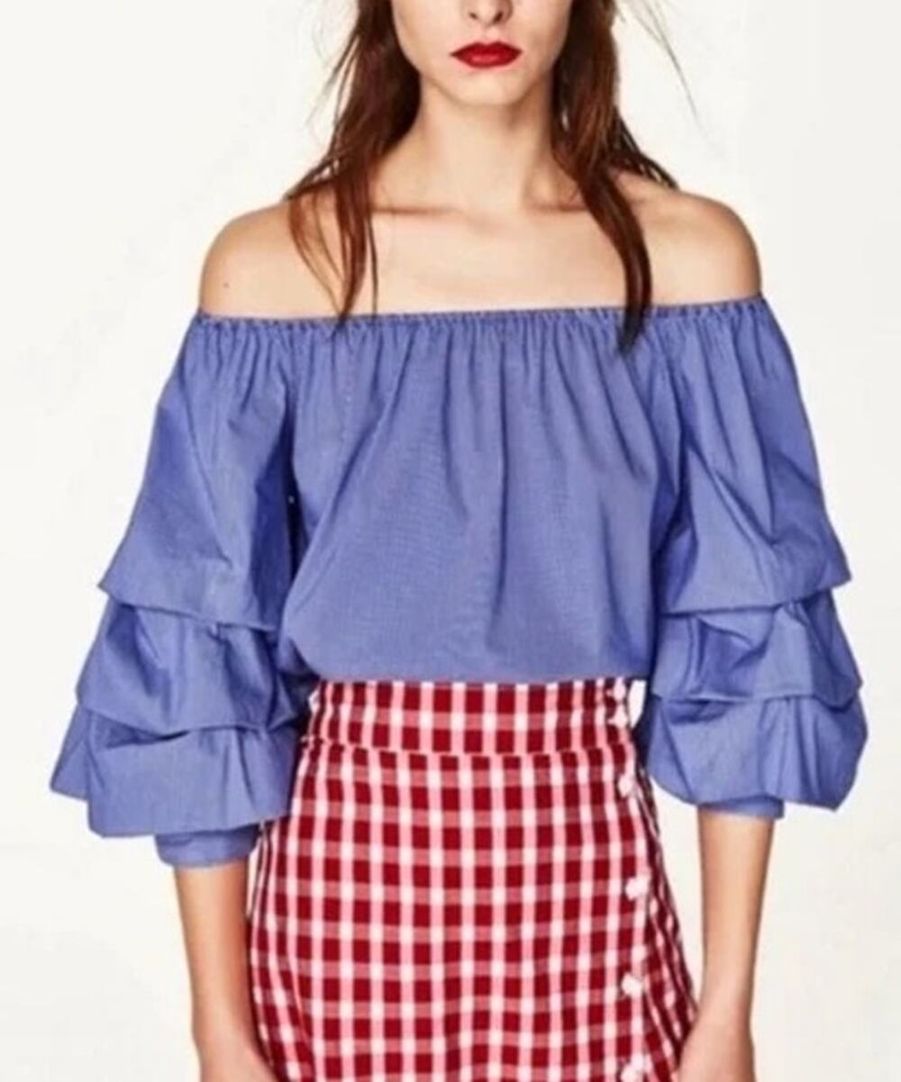 Zara Womens Tiered Ruffle Off Shoulder Top XS Blue Pinstripe Retro Statement 90s